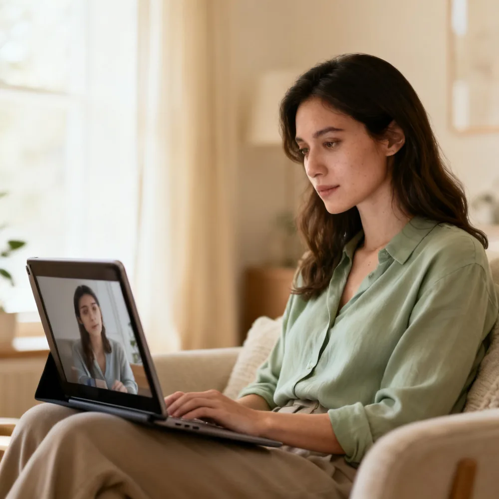 Mujer en sesión de terapia individual por videollamada